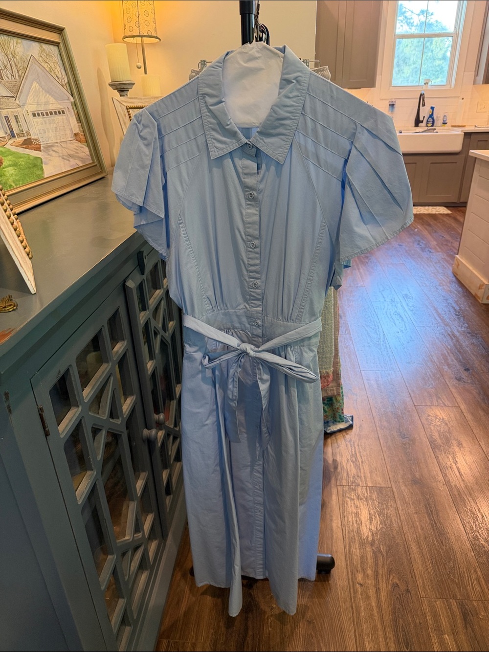 entro Light Blue Button-Front Maxi Dress with Waist Tie